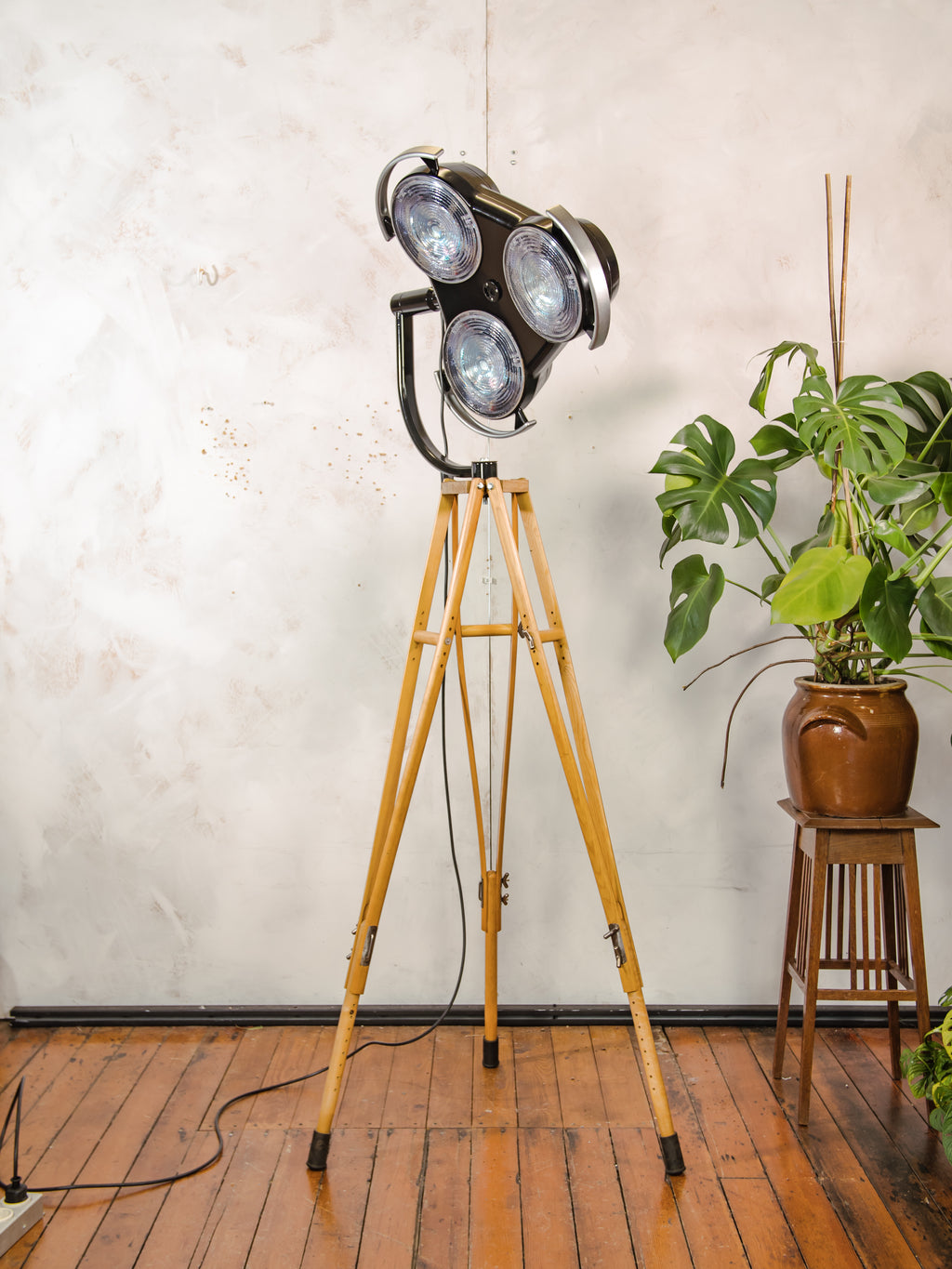 Black Hospital 3-way Floor Lamp, Upcycled MCM Spotlight on Wooden Crutches Tripod, Retro Surgery Statement Lighting Loft & Studio