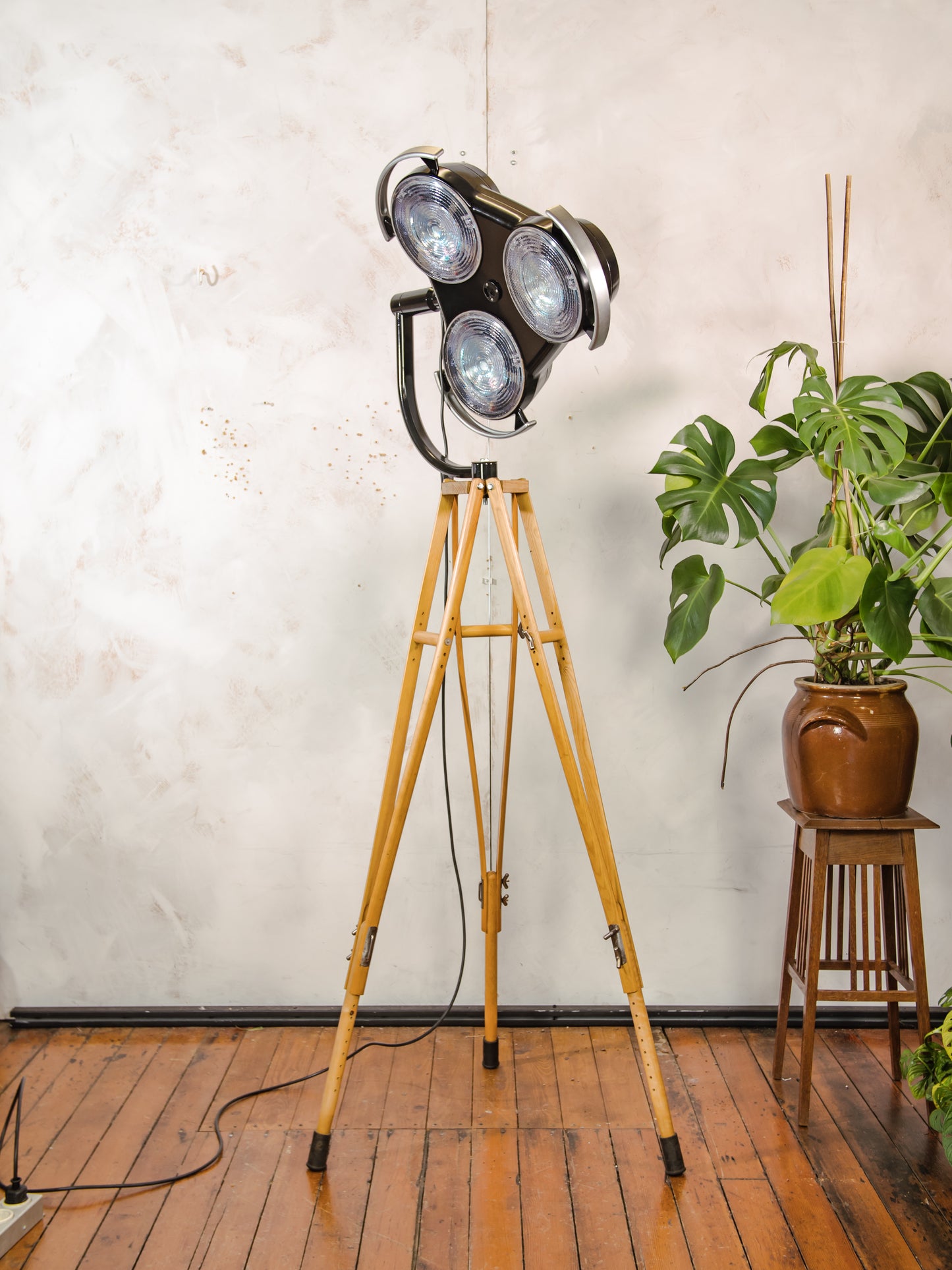 Black Hospital 3-way Floor Lamp, Upcycled MCM Spotlight on Wooden Crutches Tripod, Retro Surgery Statement Lighting Loft & Studio