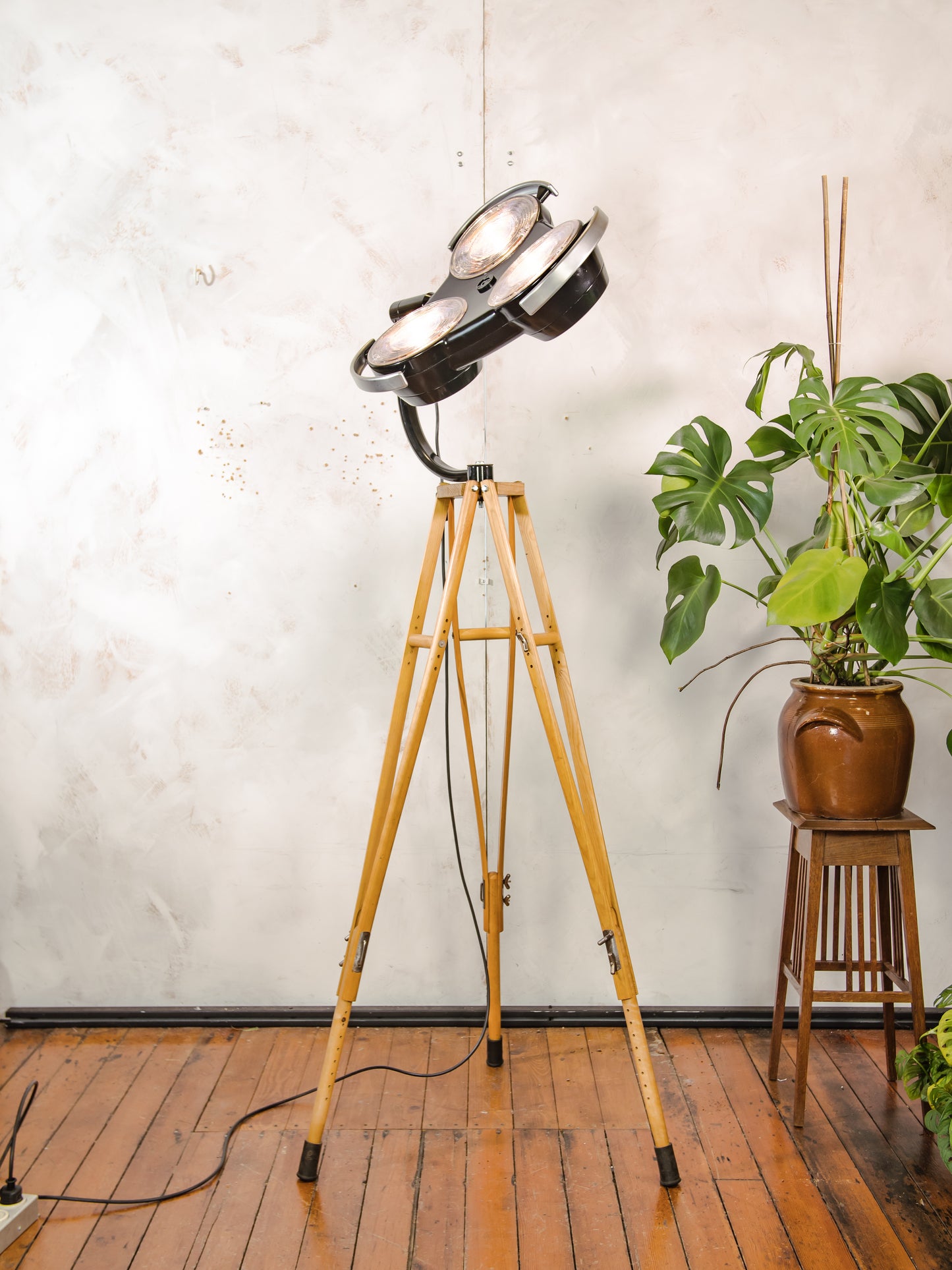 Black Hospital 3-way Floor Lamp, Upcycled MCM Spotlight on Wooden Crutches Tripod, Retro Surgery Statement Lighting Loft & Studio