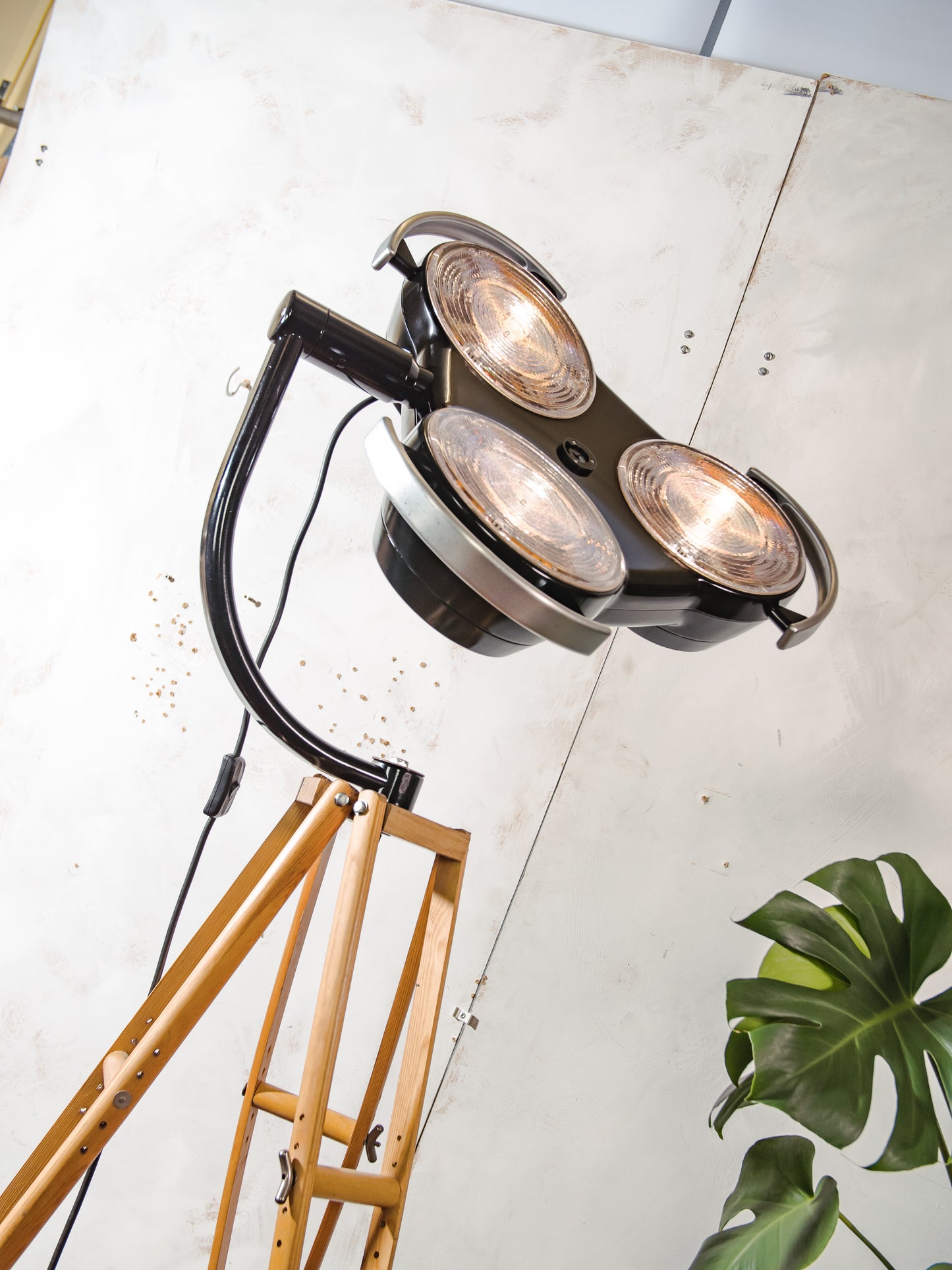 Black Hospital 3-way Floor Lamp, Upcycled MCM Spotlight on Wooden Crutches Tripod, Retro Surgery Statement Lighting Loft & Studio