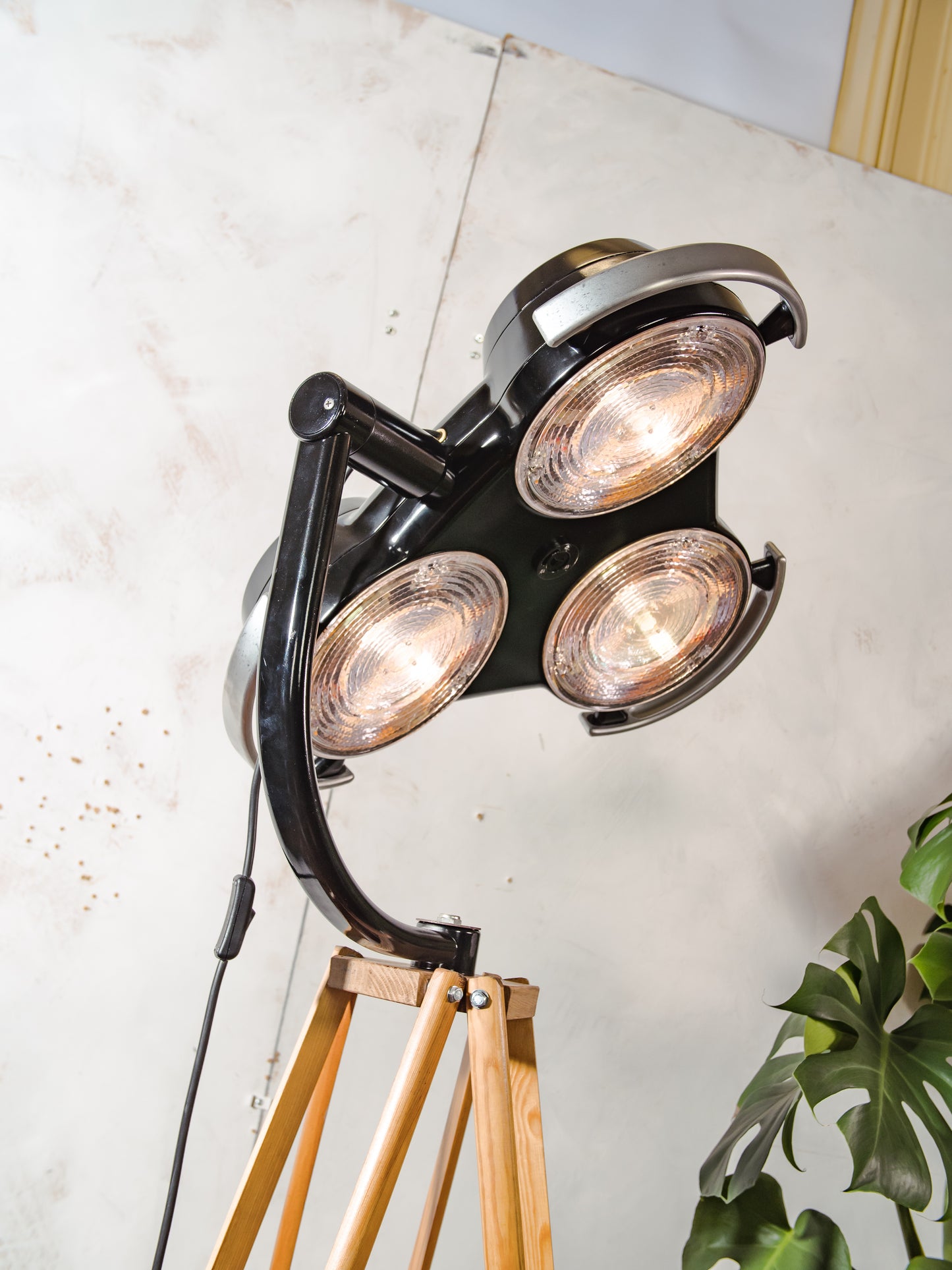 Black Hospital 3-way Floor Lamp, Upcycled MCM Spotlight on Wooden Crutches Tripod, Retro Surgery Statement Lighting Loft & Studio