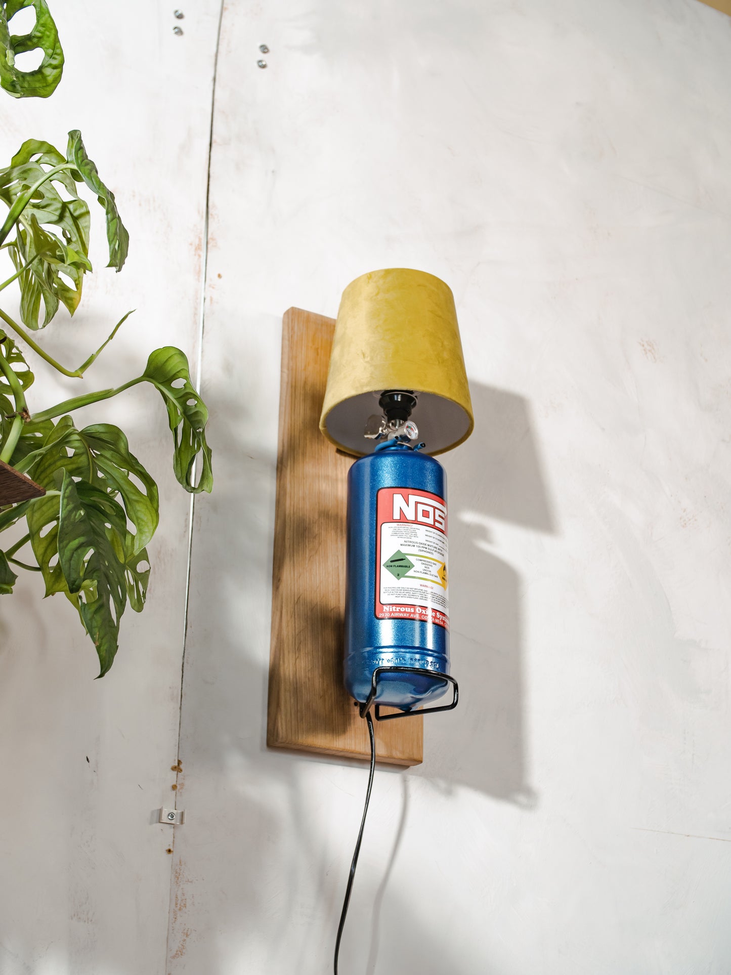Nitrous Oxide NOS Wall Lamp Sconce, Blue Metal Bottle with Green Lampshade on Oak wood, Upcycled Fire Extinguisher, Autosport Decor