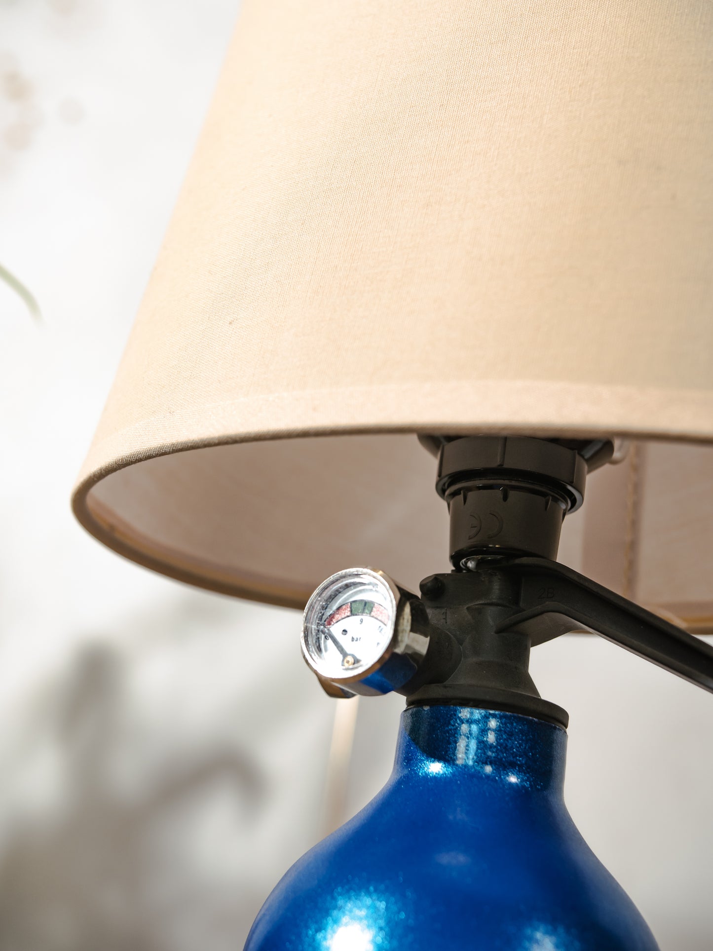 NOS Nitrous Table Lamp, Blue Metal Bottle, Upcycled Fire Extinguisher Tuners Light, Car Enthusiast Gift, Racing Decor, with lampshade