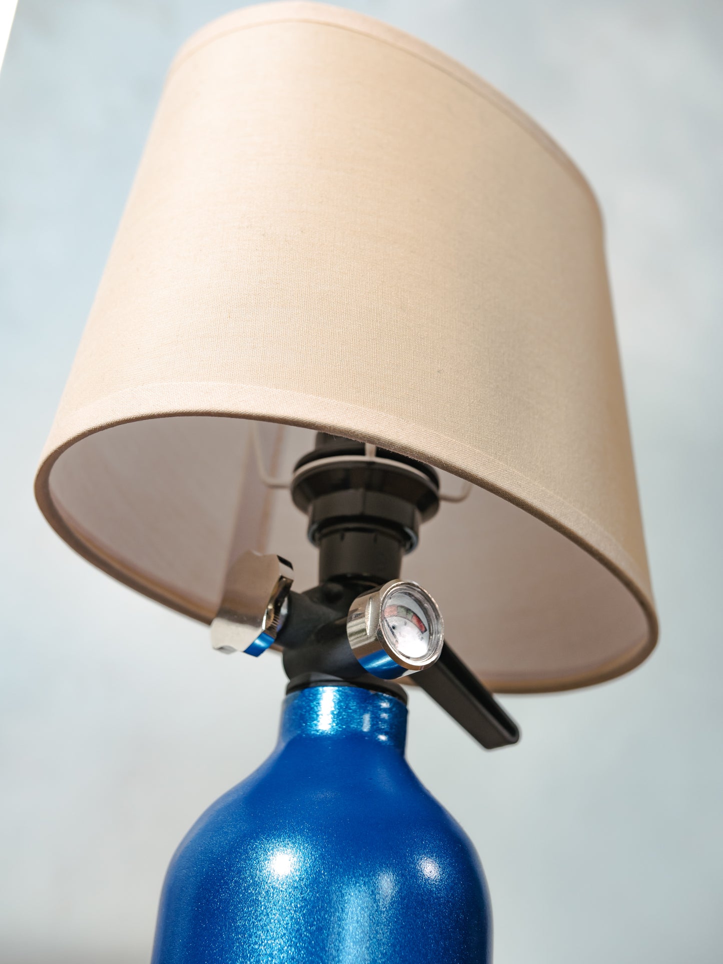 NOS Nitrous Table Lamp, Blue Metal Bottle, Upcycled Fire Extinguisher Tuners Light, Car Enthusiast Gift, Racing Decor, with lampshade