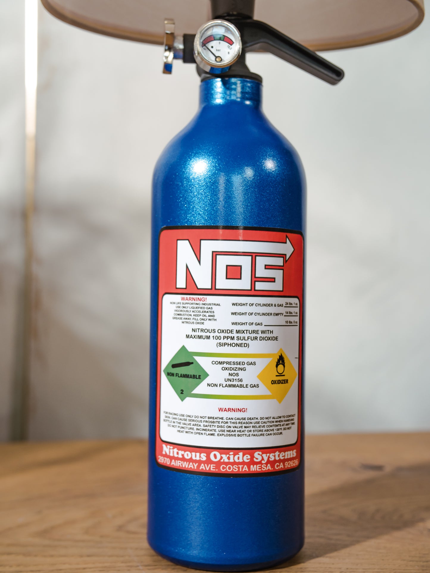 NOS Nitrous Table Lamp, Blue Metal Bottle, Upcycled Fire Extinguisher Tuners Light, Car Enthusiast Gift, Racing Decor, with lampshade