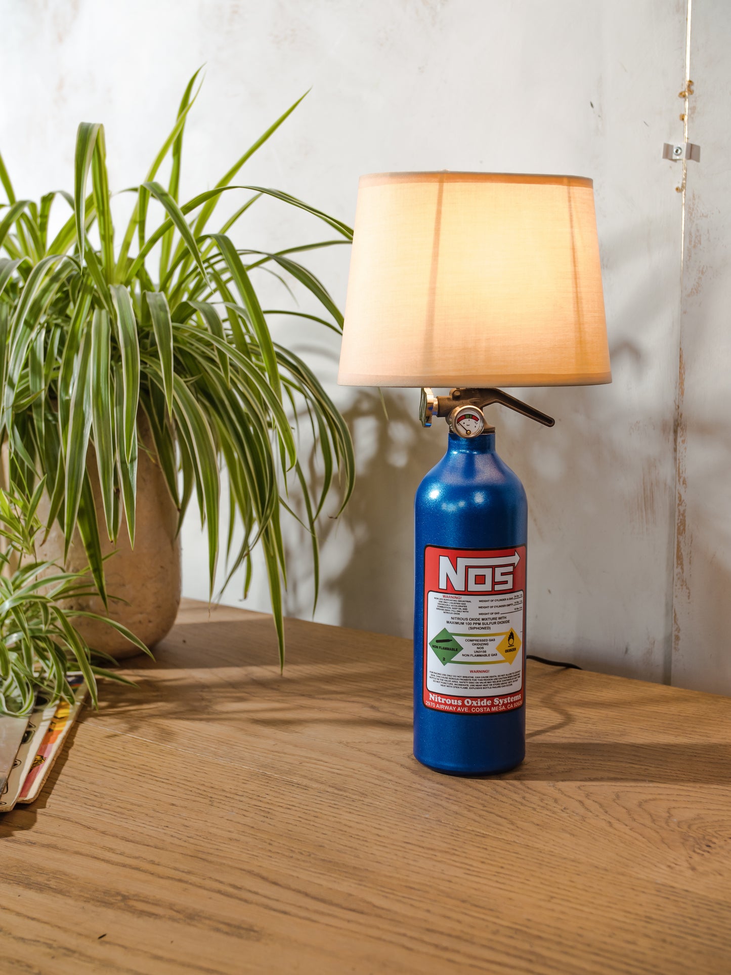 NOS Nitrous Table Lamp, Blue Metal Bottle, Upcycled Fire Extinguisher Tuners Light, Car Enthusiast Gift, Racing Decor, with lampshade