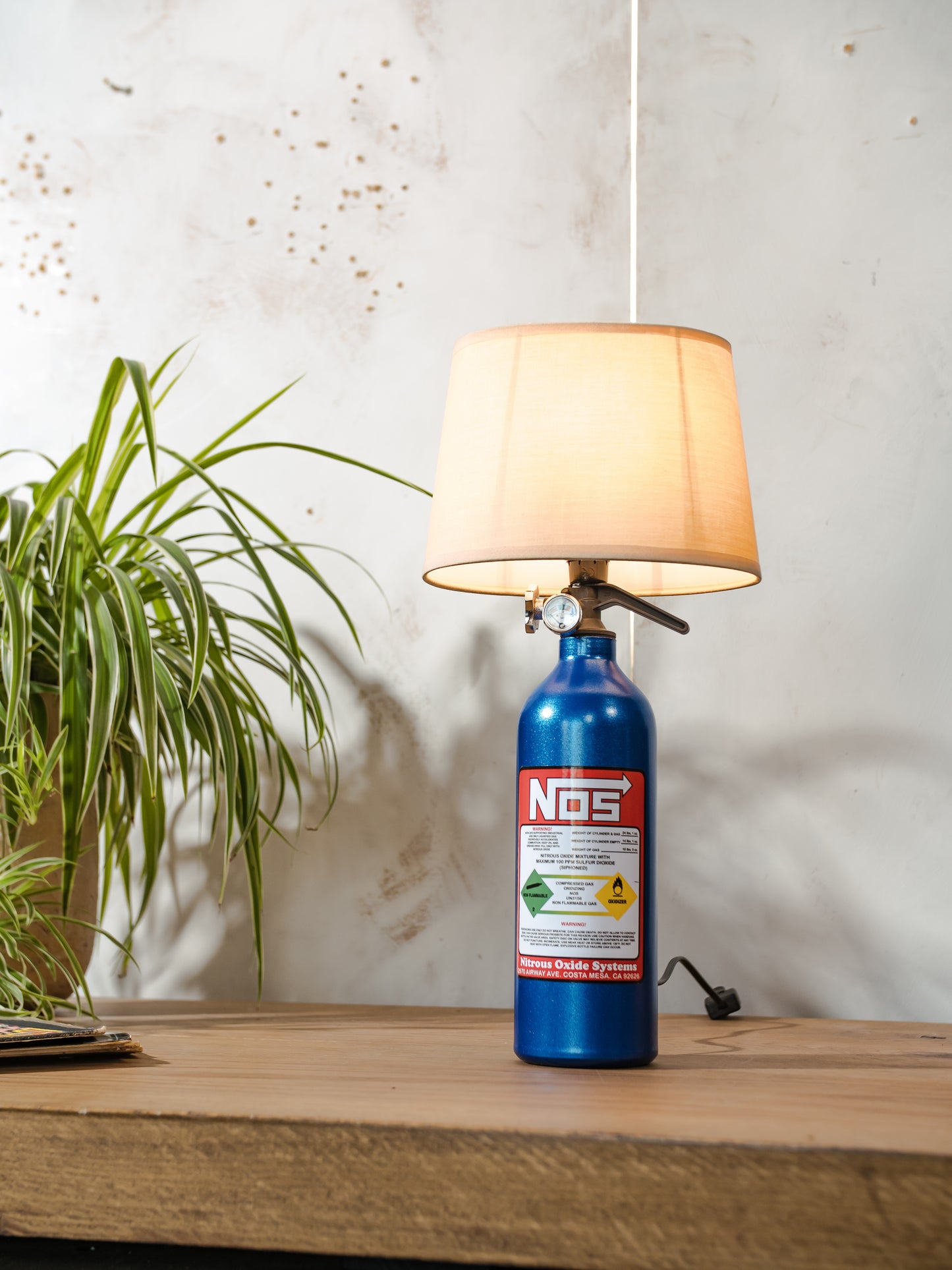 NOS Nitrous Table Lamp, Blue Metal Bottle, Upcycled Fire Extinguisher Tuners Light, Car Enthusiast Gift, Racing Decor, with lampshade