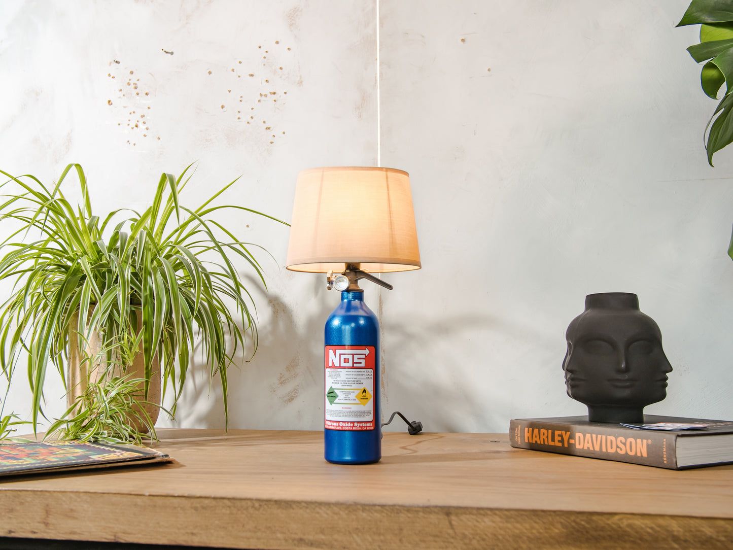 NOS Nitrous Table Lamp, Blue Metal Bottle, Upcycled Fire Extinguisher Tuners Light, Car Enthusiast Gift, Racing Decor, with lampshade