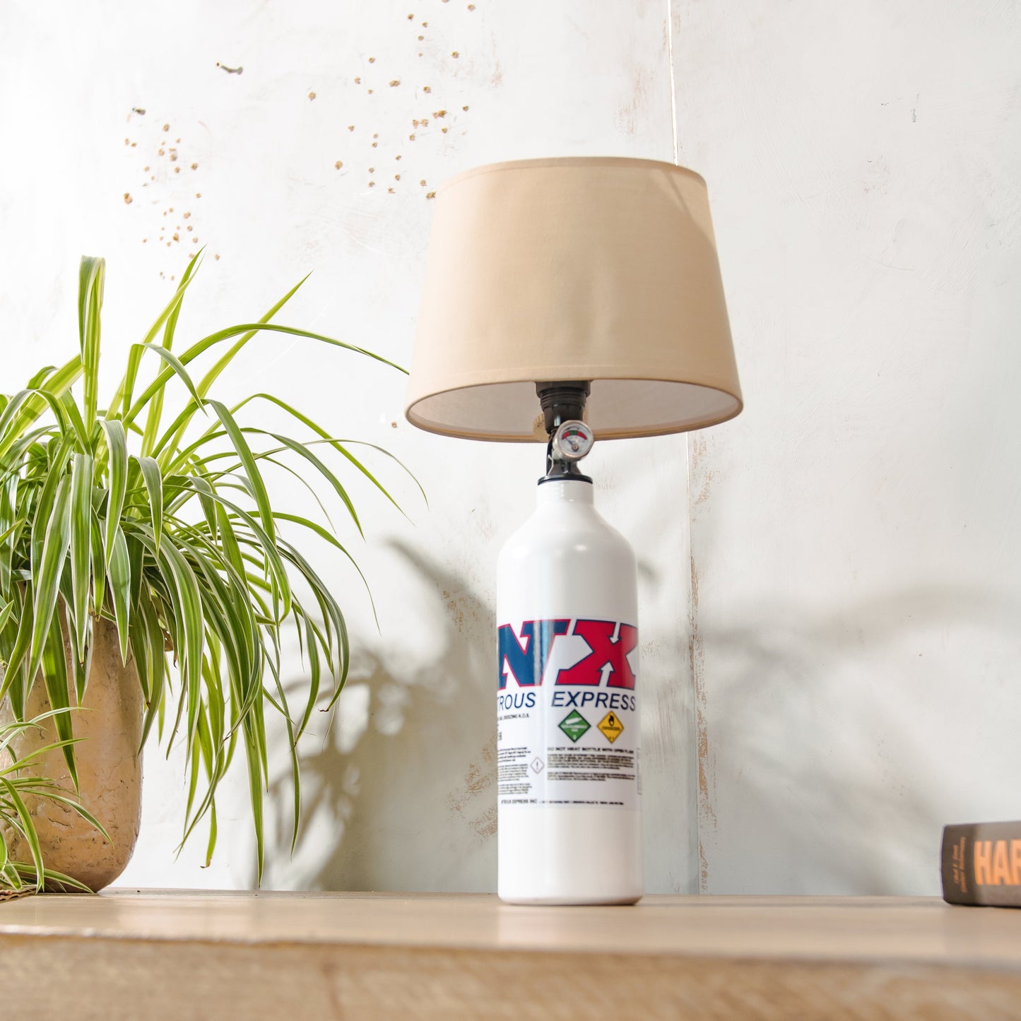 NX Nitrous Express Desk Lamp, White Bottle Metal, Upcycled Fire Extinguisher Tuning Light, Car Enthusiast Gift, Racing Decor, with lampshade