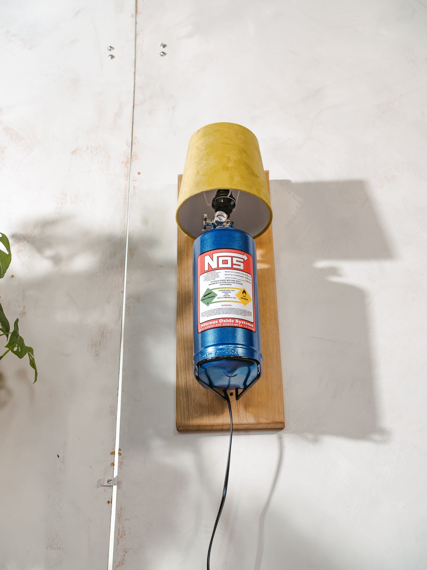 Nitrous Oxide NOS Wall Lamp Sconce, Blue Metal Bottle with Green Lampshade on Oak wood, Upcycled Fire Extinguisher, Autosport Decor