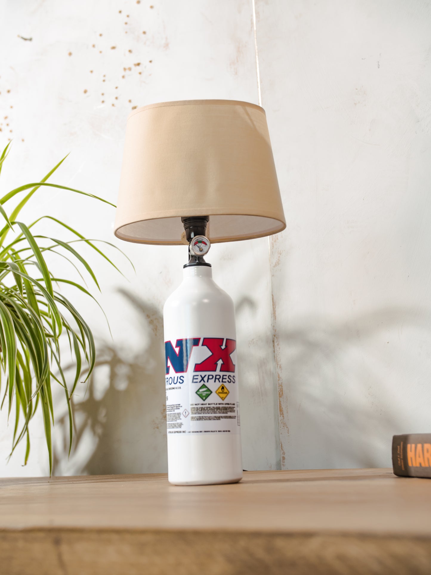 NX Nitrous Express Desk Lamp, White Bottle Metal, Upcycled Fire Extinguisher Tuning Light, Car Enthusiast Gift, Racing Decor, with lampshade