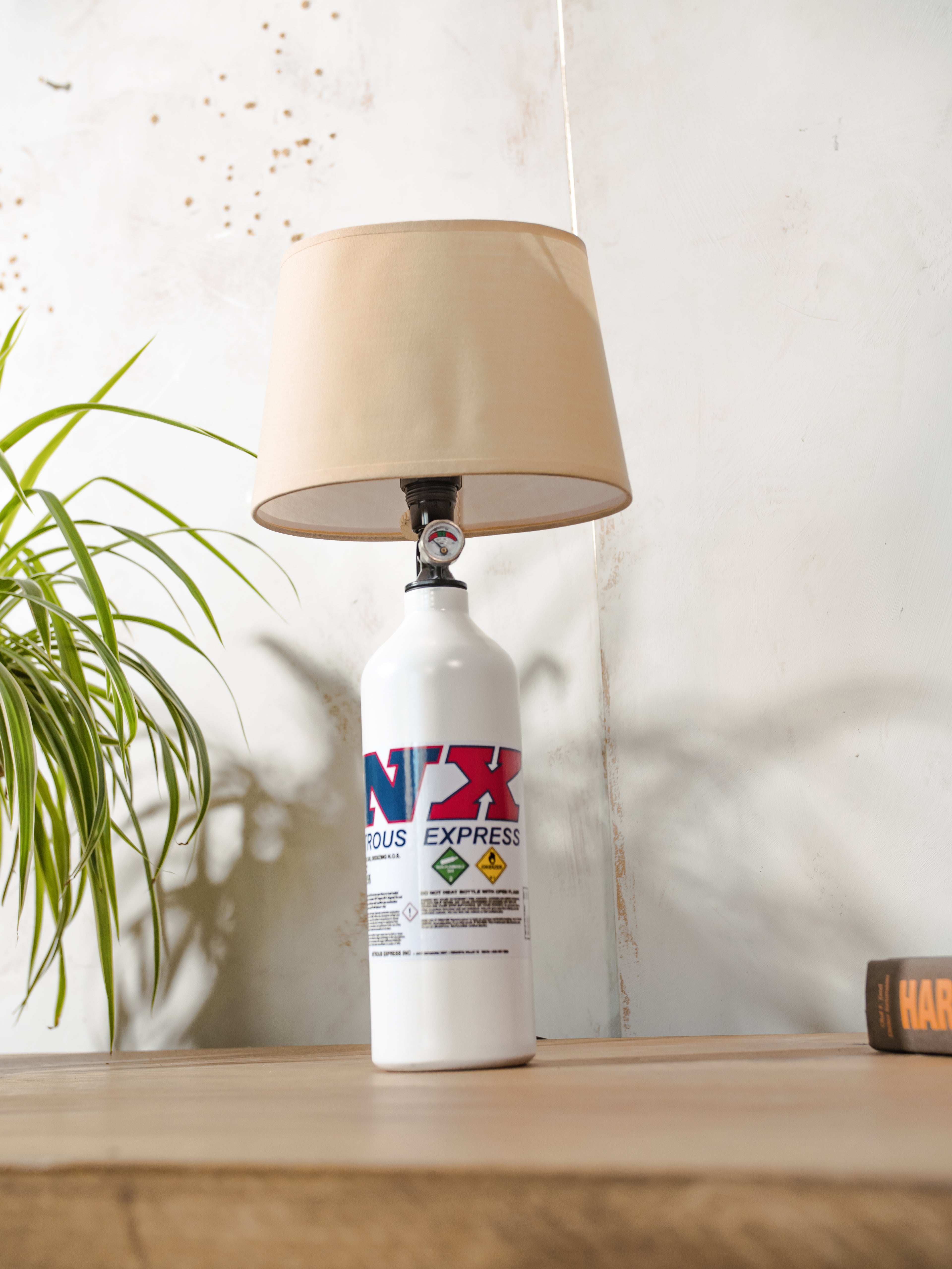 NX Nitrous Express Desk Lamp, White Bottle Metal, Upcycled Fire Extinguisher Tuning Light, Car Enthusiast Gift, Racing Decor, with lampshade