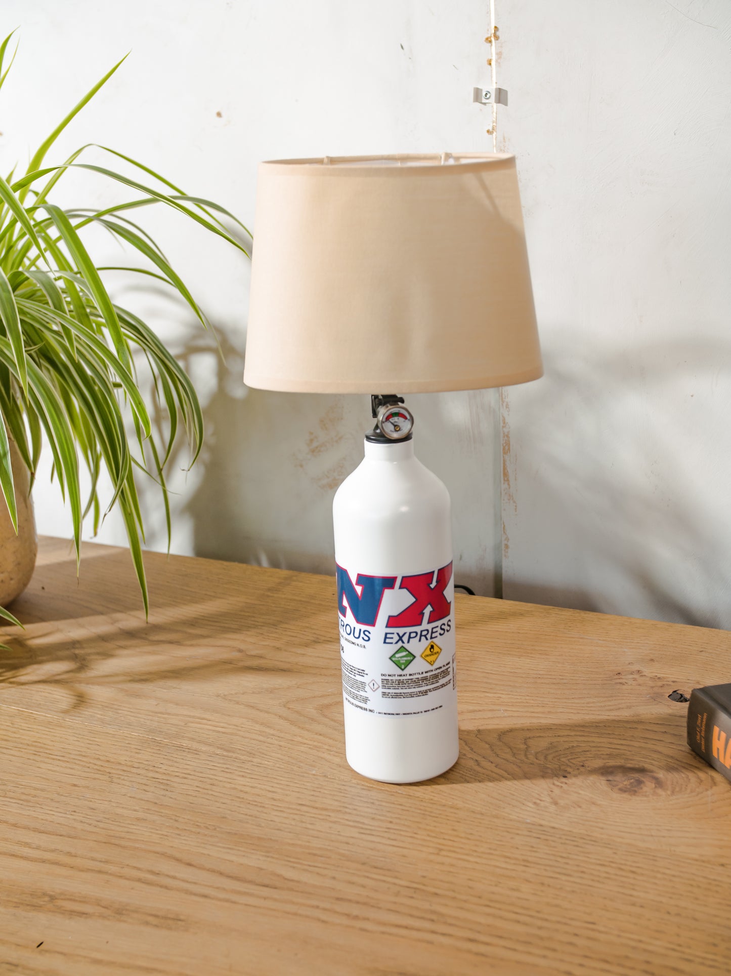 NX Nitrous Express Desk Lamp, White Bottle Metal, Upcycled Fire Extinguisher Tuning Light, Car Enthusiast Gift, Racing Decor, with lampshade