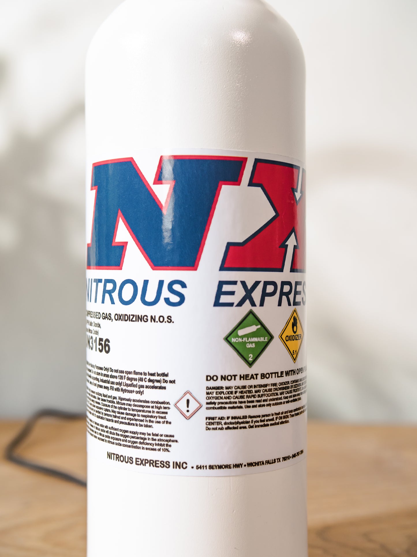 NX Nitrous Express Desk Lamp, White Bottle Metal, Upcycled Fire Extinguisher Tuning Light, Car Enthusiast Gift, Racing Decor, with lampshade