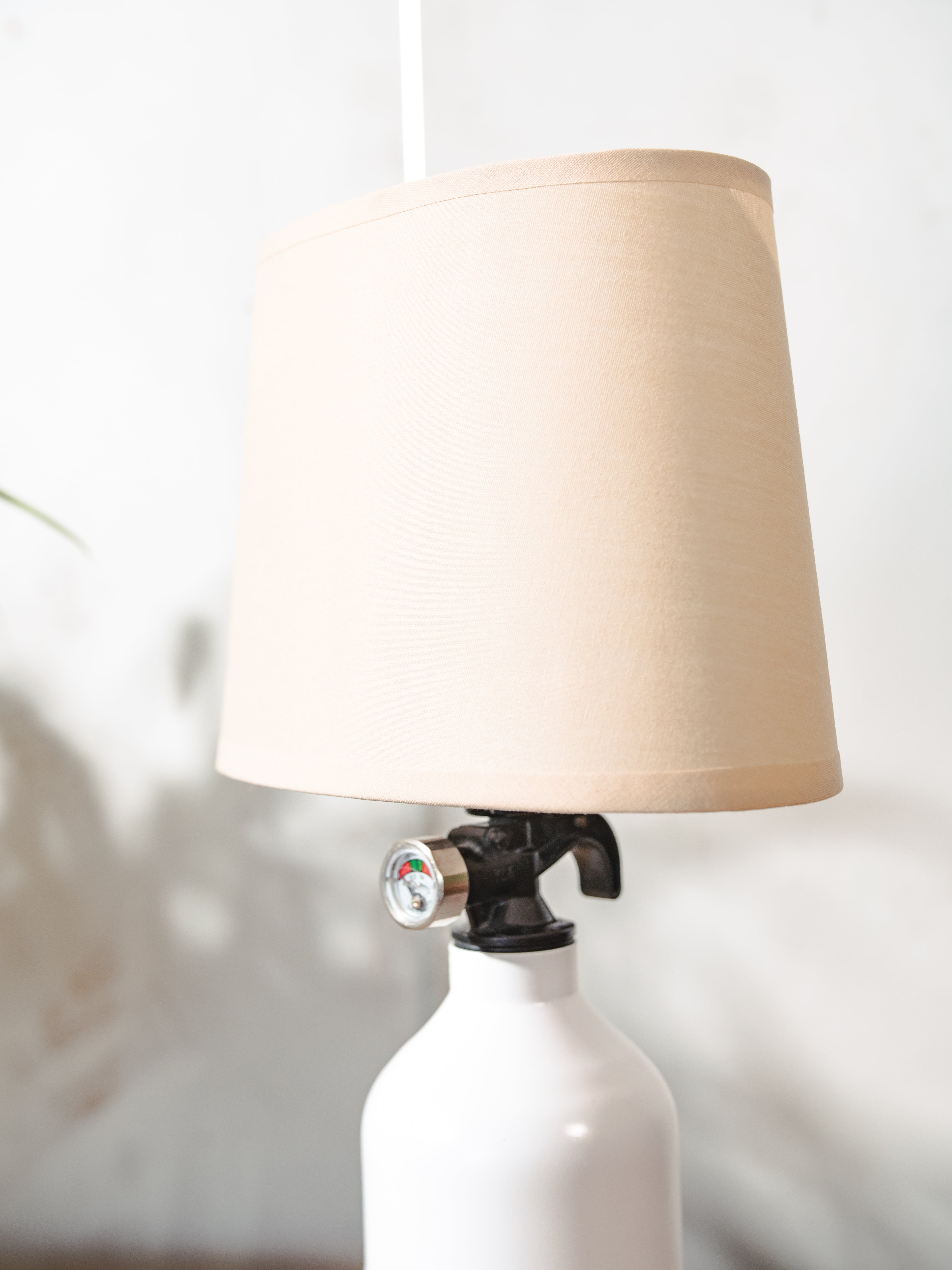 NX Nitrous Express Desk Lamp, White Bottle Metal, Upcycled Fire Extinguisher Tuning Light, Car Enthusiast Gift, Racing Decor, with lampshade