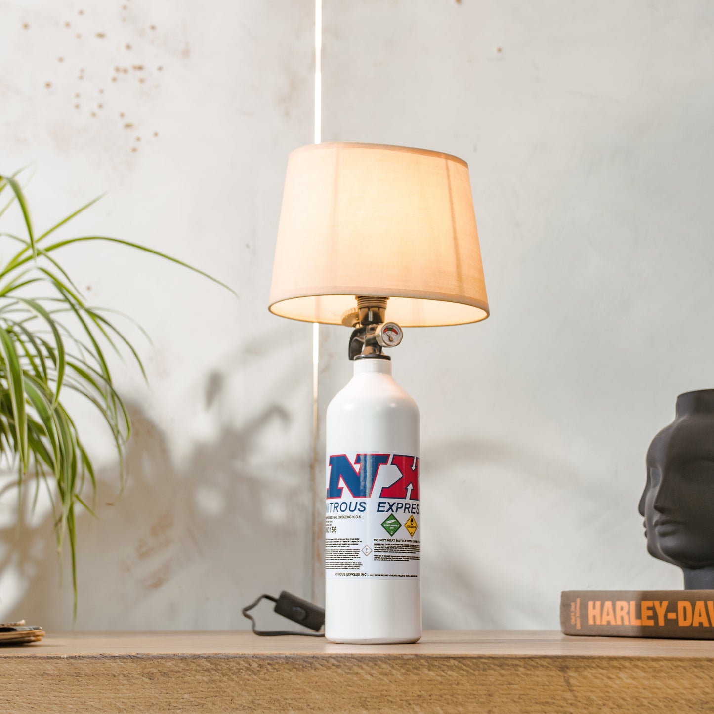 NX Nitrous Express Desk Lamp, White Bottle Metal, Upcycled Fire Extinguisher Tuning Light, Car Enthusiast Gift, Racing Decor, with lampshade