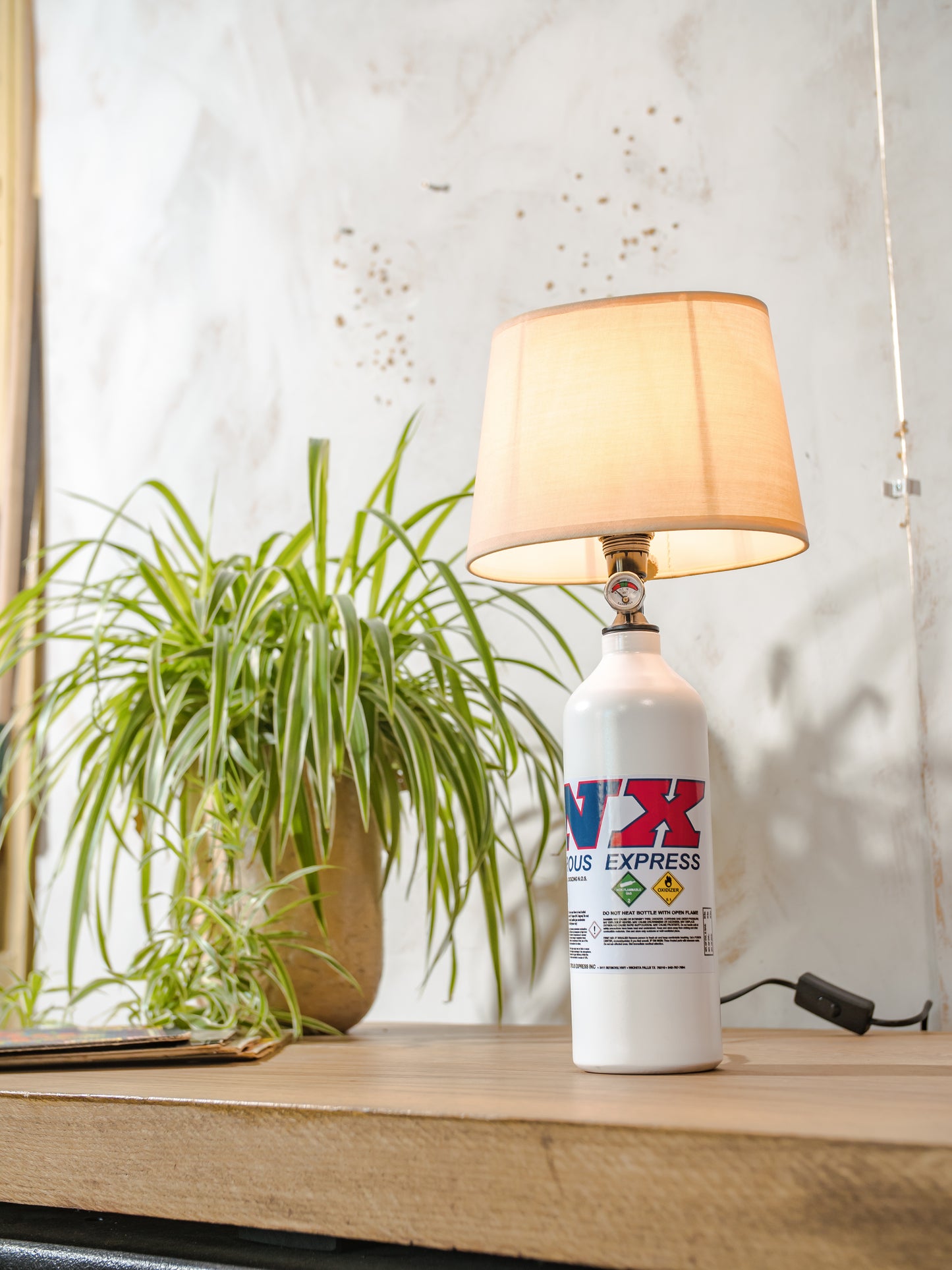 NX Nitrous Express Desk Lamp, White Bottle Metal, Upcycled Fire Extinguisher Tuning Light, Car Enthusiast Gift, Racing Decor, with lampshade