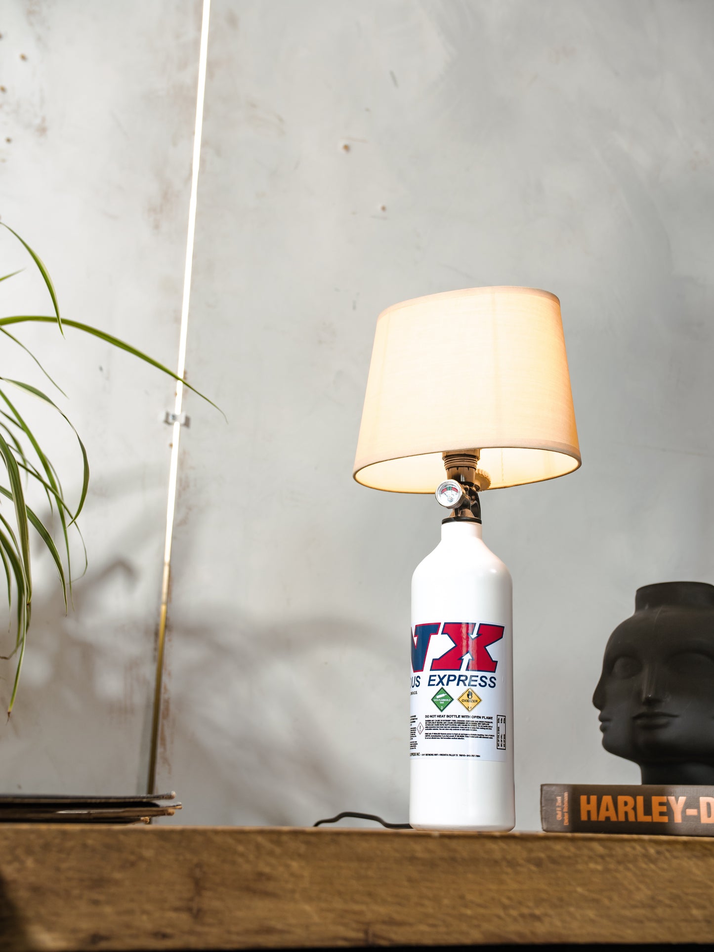 NX Nitrous Express Desk Lamp, White Bottle Metal, Upcycled Fire Extinguisher Tuning Light, Car Enthusiast Gift, Racing Decor, with lampshade