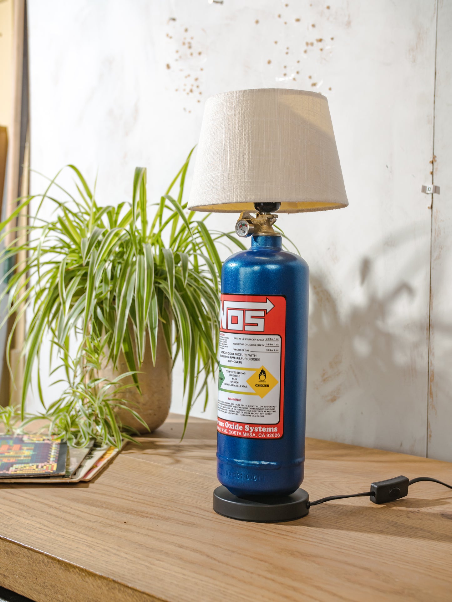 NOS Nitrous Oxide Bottle Metal Desk Lamp, Street Racing inspired Upcycled Car Tuning Light, Automotive Enthusiast Gift, Mancave decor