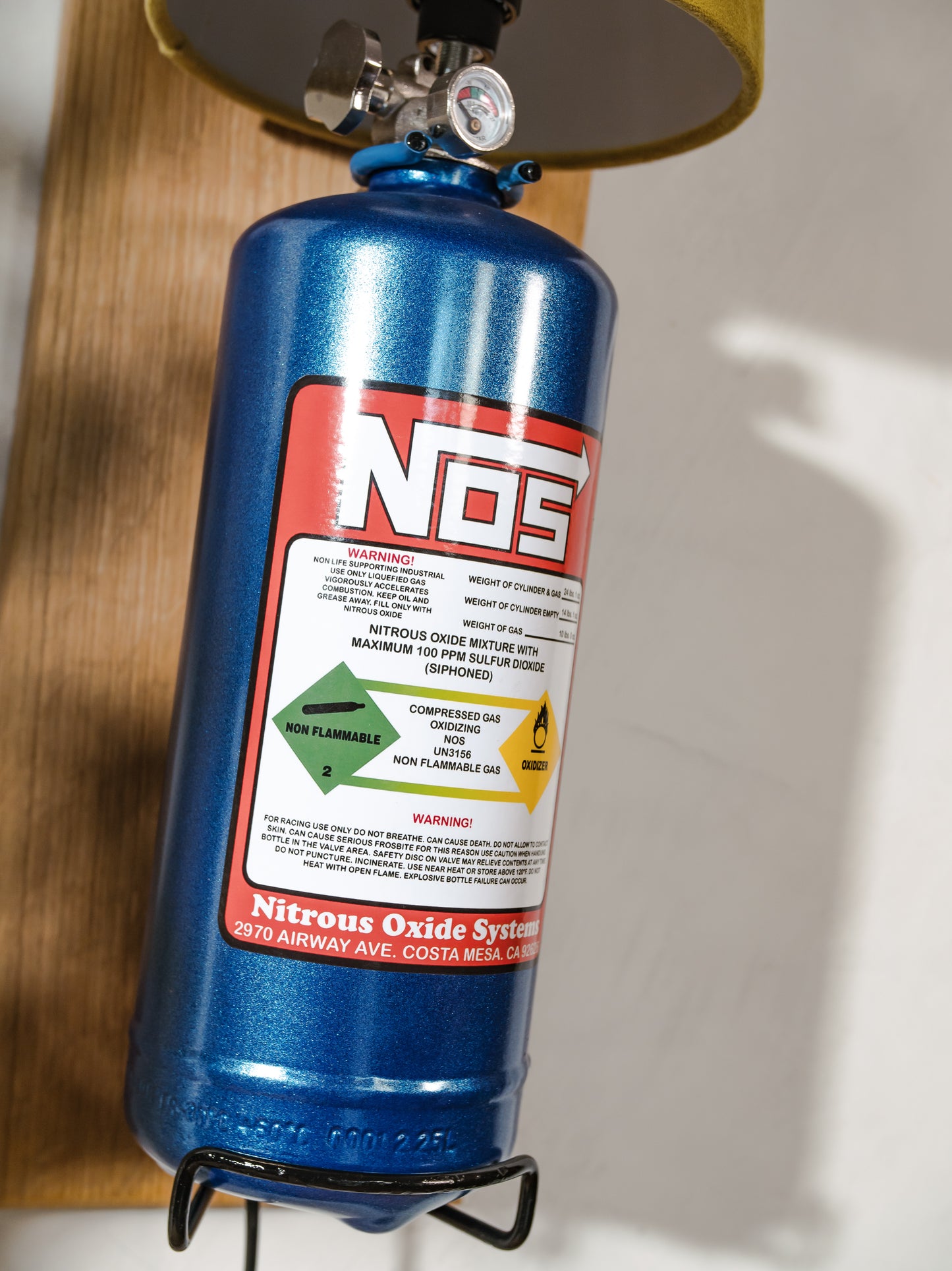Nitrous Oxide NOS Wall Lamp Sconce, Blue Metal Bottle with Green Lampshade on Oak wood, Upcycled Fire Extinguisher, Autosport Decor
