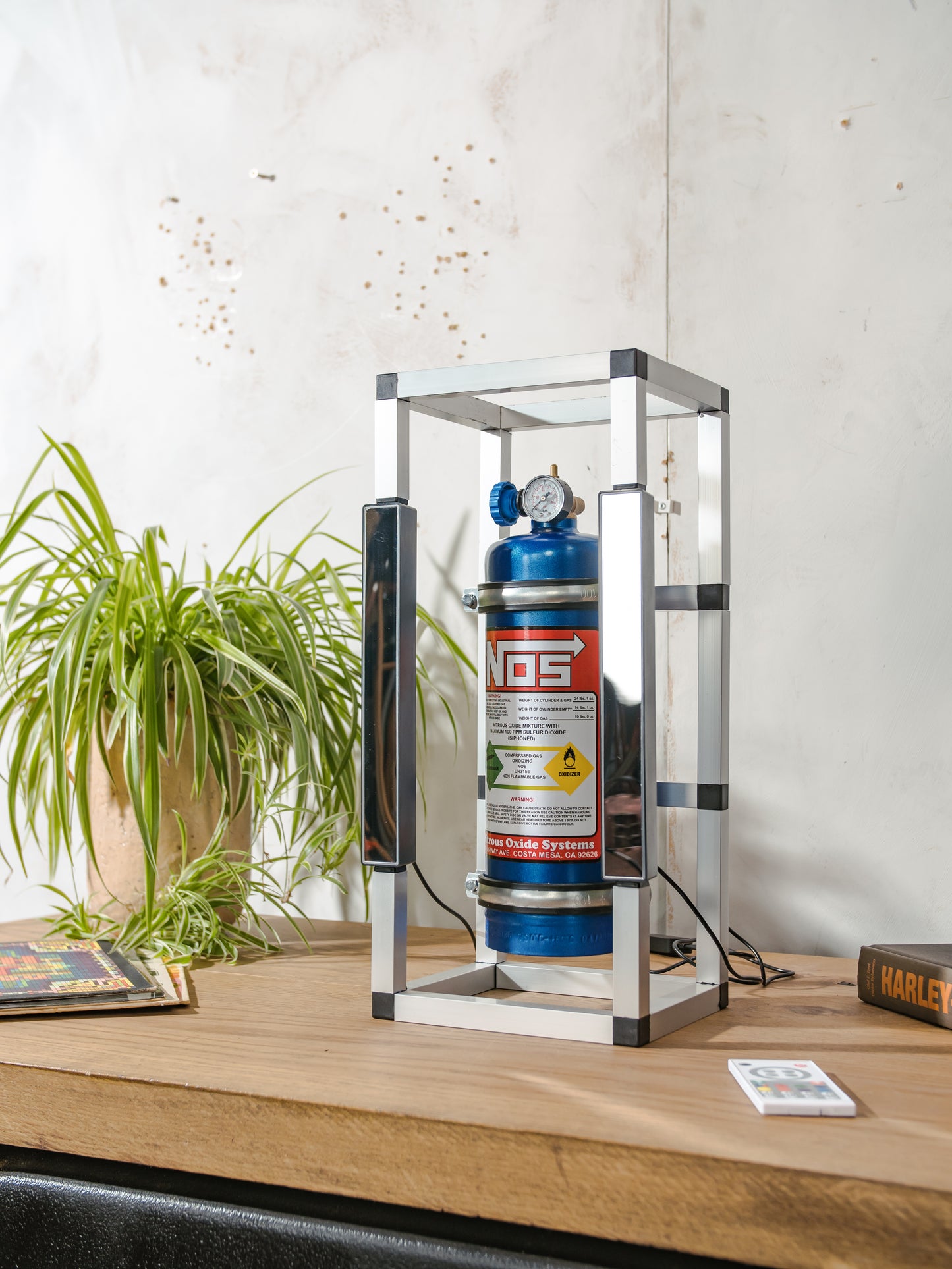 NOS Nitrous Box Cage Lamp, Upcycled Fire Extinguisher Light, Wall or Table Lamp with LED Lightbars & Remote | Racing Decor for Car Lovers