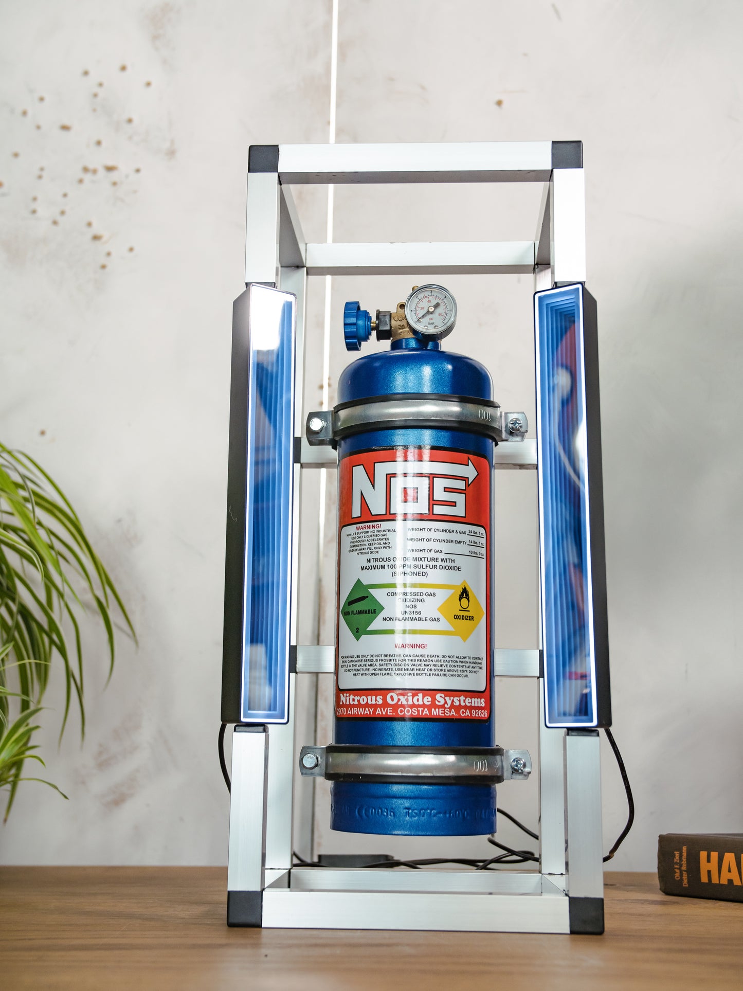 NOS Nitrous Box Cage Lamp, Upcycled Fire Extinguisher Light, Wall or Table Lamp with LED Lightbars & Remote | Racing Decor for Car Lovers