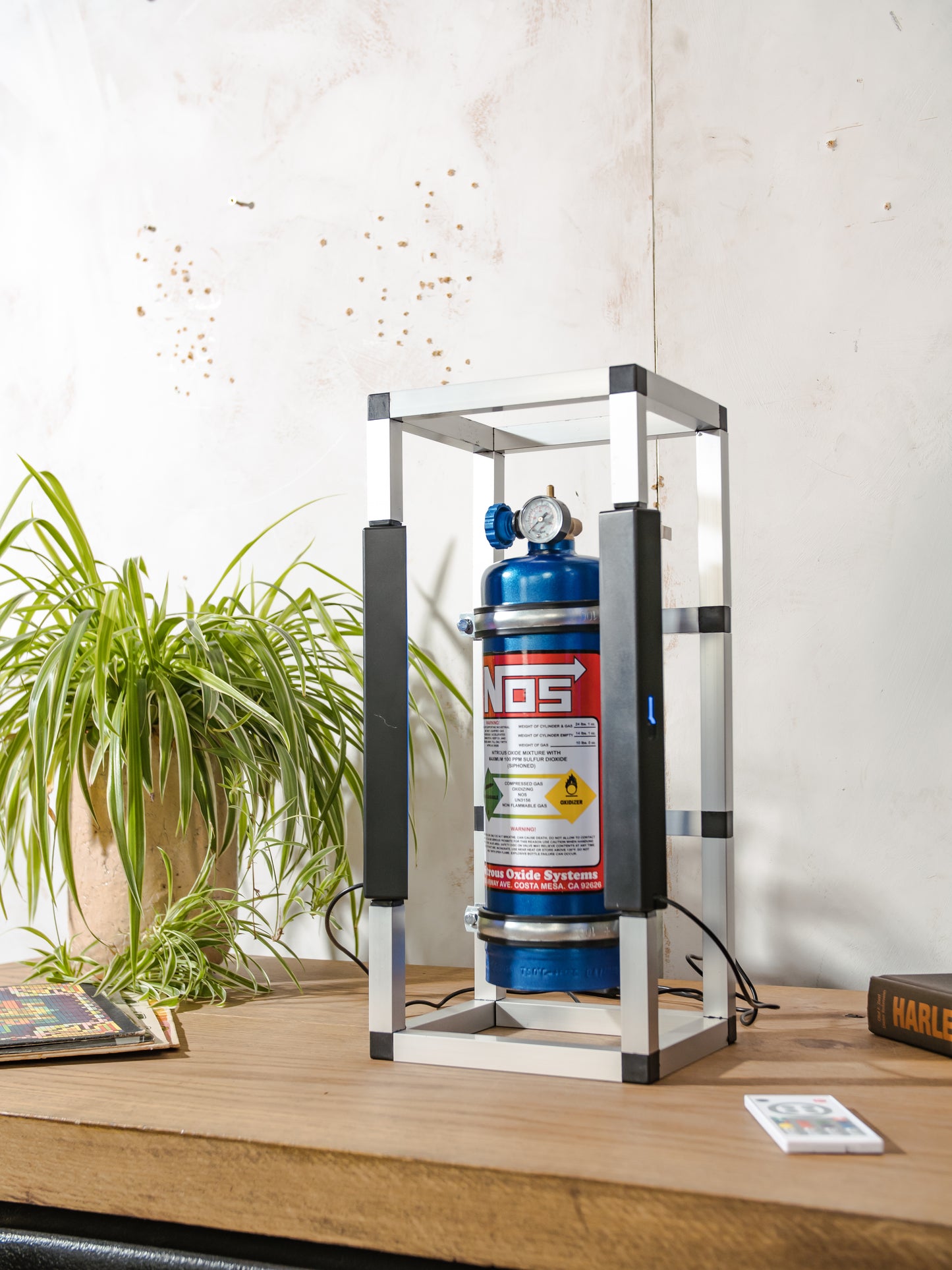 NOS Nitrous Box Cage Lamp, Upcycled Fire Extinguisher Light, Wall or Table Lamp with LED Lightbars & Remote | Racing Decor for Car Lovers