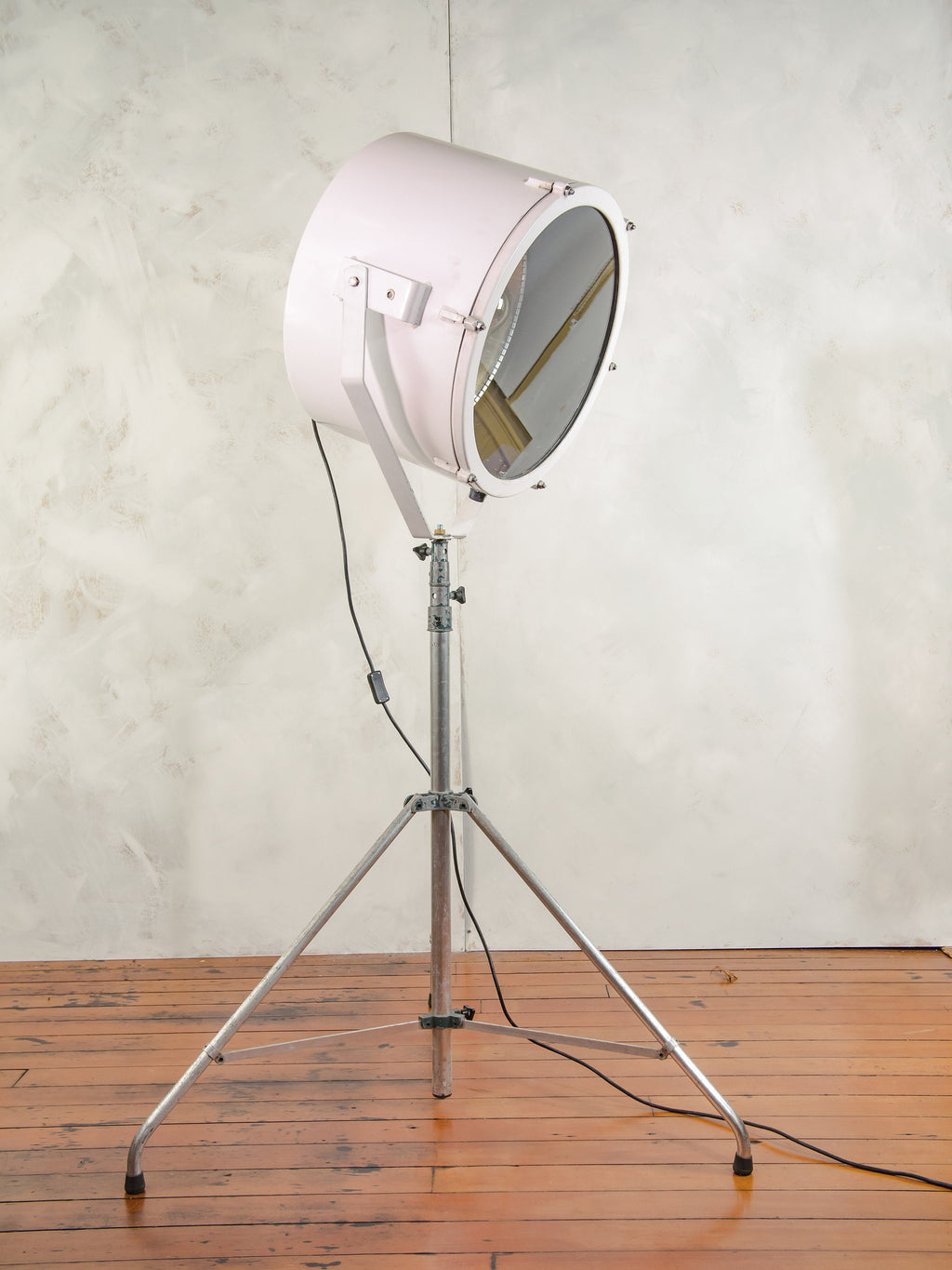 Large White Searchlight Floor lamp on Standard Tripod, Nautical Spotlight upcycled Lighting