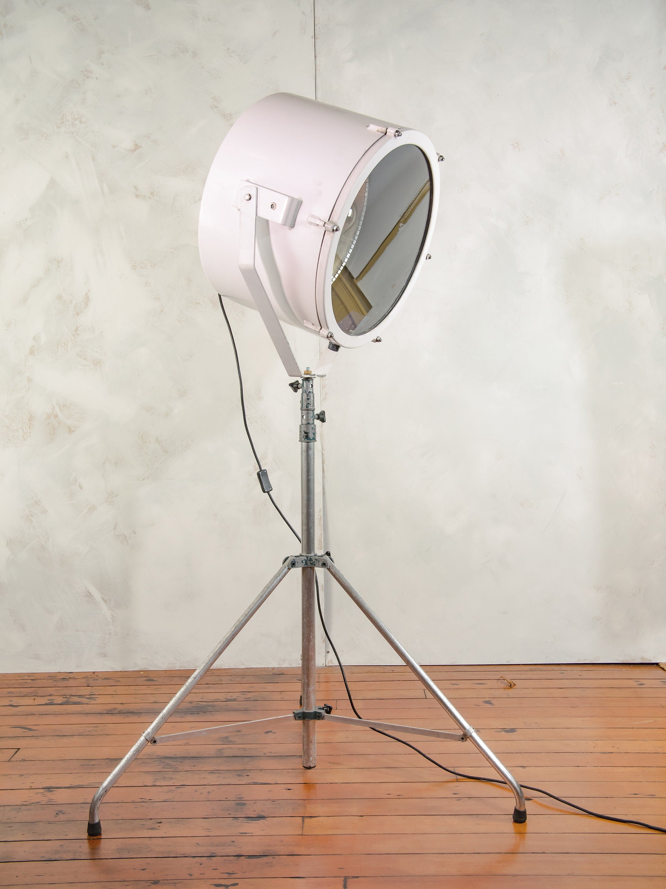 Large White Searchlight Floor lamp on Standard Tripod, Nautical Spotlight upcycled Lighting