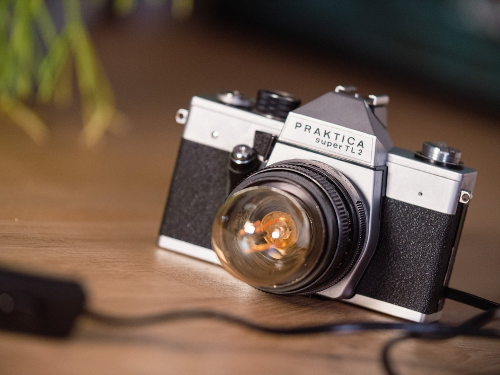 Photo Camera light, Praktica Super TL2 1970s Camera lamp upcycled SLR into Bed side lamp, Unique gift Photography, Unique lighting