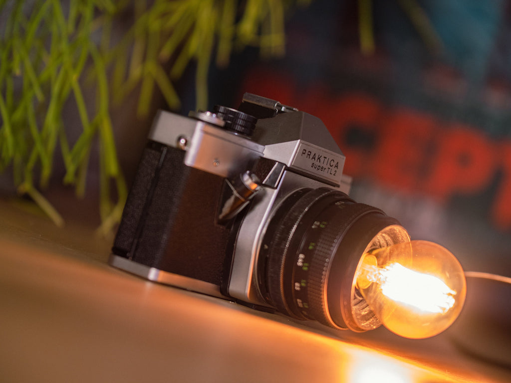 Photo Camera light, Praktica Super TL2 1970s Camera lamp upcycled SLR into Bed side lamp, Unique gift Photography, Unique lighting