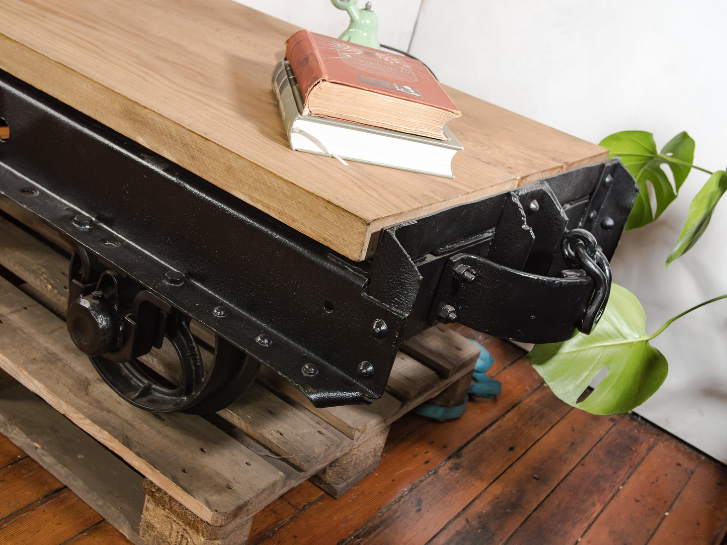 Antique Mining Cart Coffee Table, 1920s French Decauville Industrial Railway Wagon Cast iron, Salvaged Factory Carriage with Oak table-top