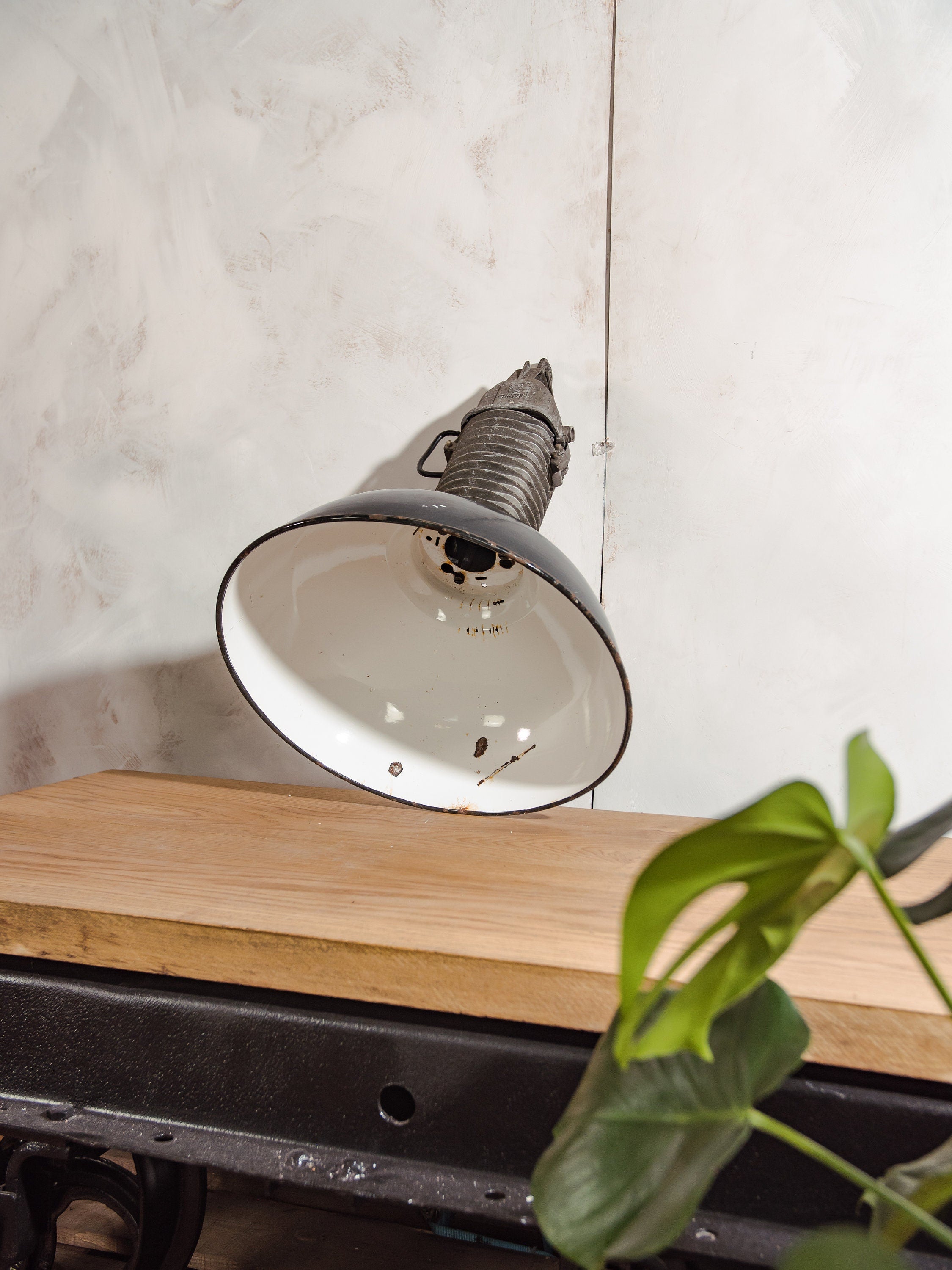 Industrial Factory Pendant lamp with Patina, Philips Hanging lamp workshop enamel 1950s