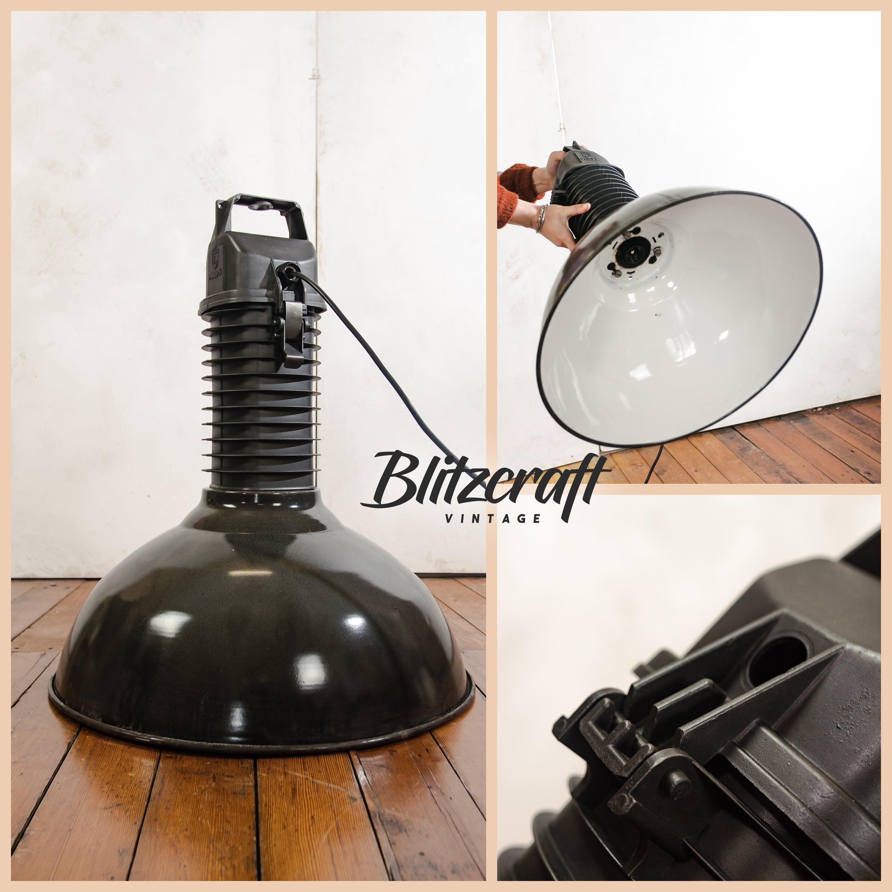 Black Enamel Factory Pendant Light by Philips, 1950s Industrial interior Workshop Ceiling lamp, Loft large hanging lamp