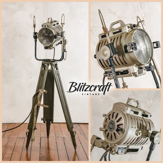 Arnold & Richter 1950s ARRI, Unique Vintage Hollywood Film Spotlight | German Studio Spotlight on a Vintage Wooden Army Surveyors Tripod