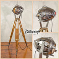 1930s Hewitt Universal Antique Hollywood Film Spotlight Floor Lamp Wooden Surveyors Tripod, Polished Theatre Projector, Collectors Item