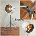 Large White Searchlight Floor lamp on Standard Tripod, Nautical Spotlight upcycled Lighting