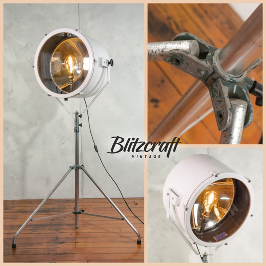 Large White Searchlight Floor lamp on Standard Tripod, Nautical Spotlight upcycled Lighting