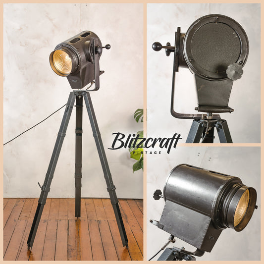 Vintage 1960s Narita Gray Industrial Photo Studio light on an old Metal Surveyor Tripod, Fresnel Spotlight Floor lamp