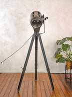 Vintage 1960s Narita Gray Industrial Photo Studio light on an old Metal Surveyor Tripod, Fresnel Spotlight Floor lamp