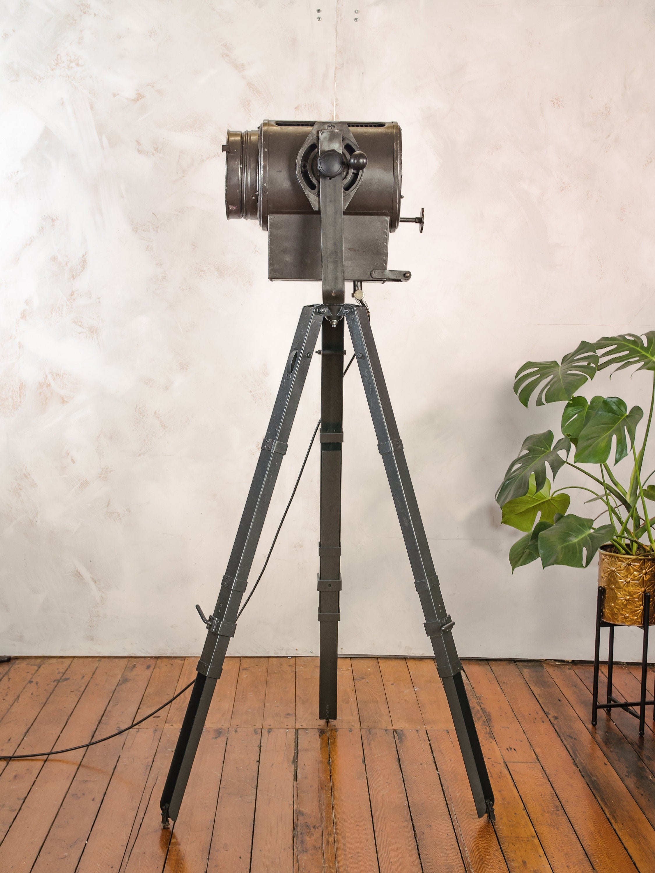 Vintage 1960s Narita Gray Industrial Photo Studio light on an old Metal Surveyor Tripod, Fresnel Spotlight Floor lamp