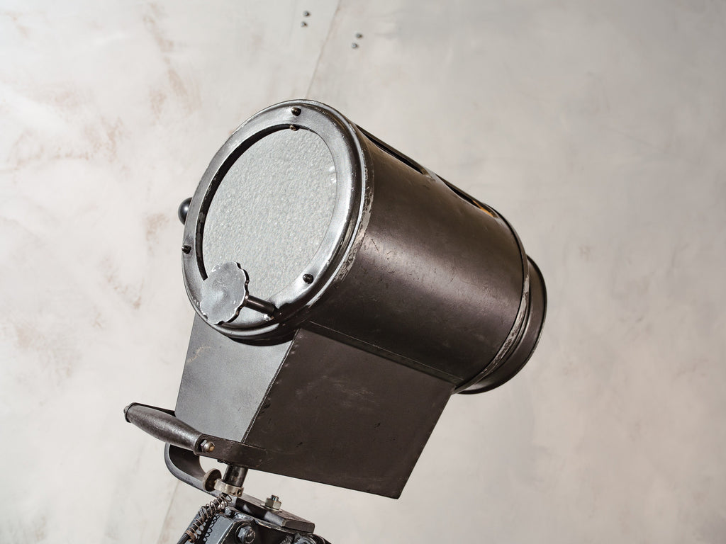 Vintage 1960s Narita Gray Industrial Photo Studio light on an old Metal Surveyor Tripod, Fresnel Spotlight Floor lamp