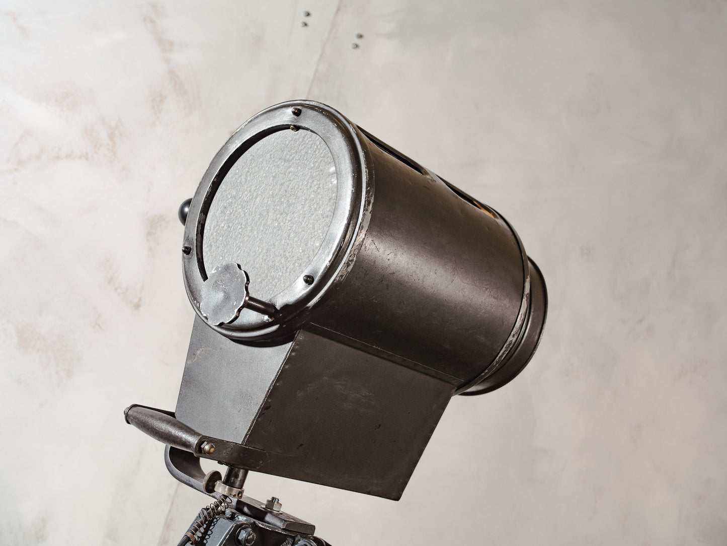 Vintage 1960s Narita Gray Industrial Photo Studio light on an old Metal Surveyor Tripod, Fresnel Spotlight Floor lamp