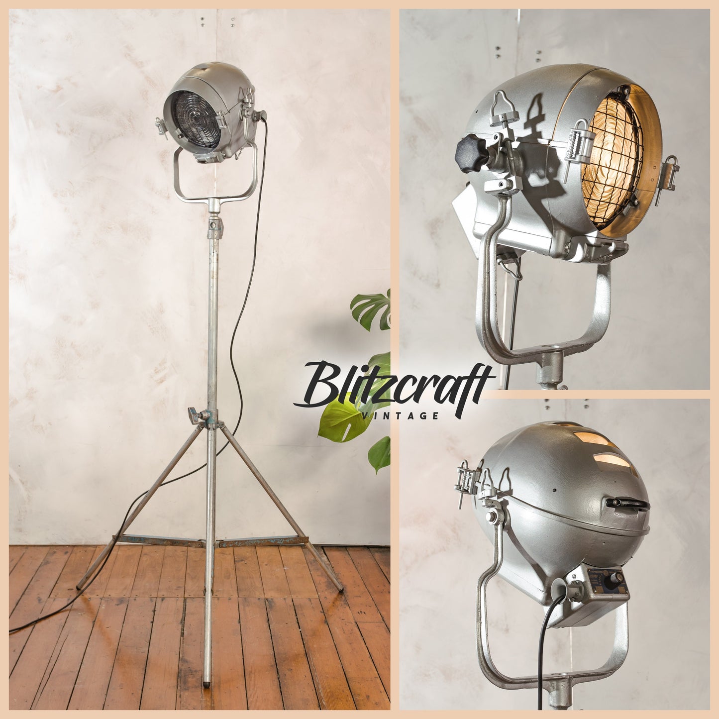 1940s Mole Richardson England, Model Super Pup Gray Hollywood Film Spotlight Floor lamp, Rare Stage light on Vintage Light stand