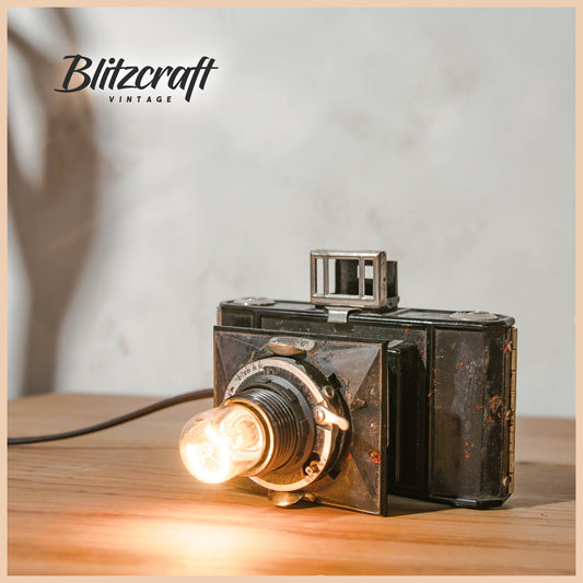 Steampunk 1930s old camera desk lamp, old folding Minolta vest upcycled into cute bedside lamp, photography office light, Gift photographer