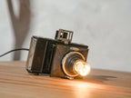 Steampunk 1930s old camera desk lamp, old folding Minolta vest upcycled into cute bedside lamp, photography office light, Gift photographer