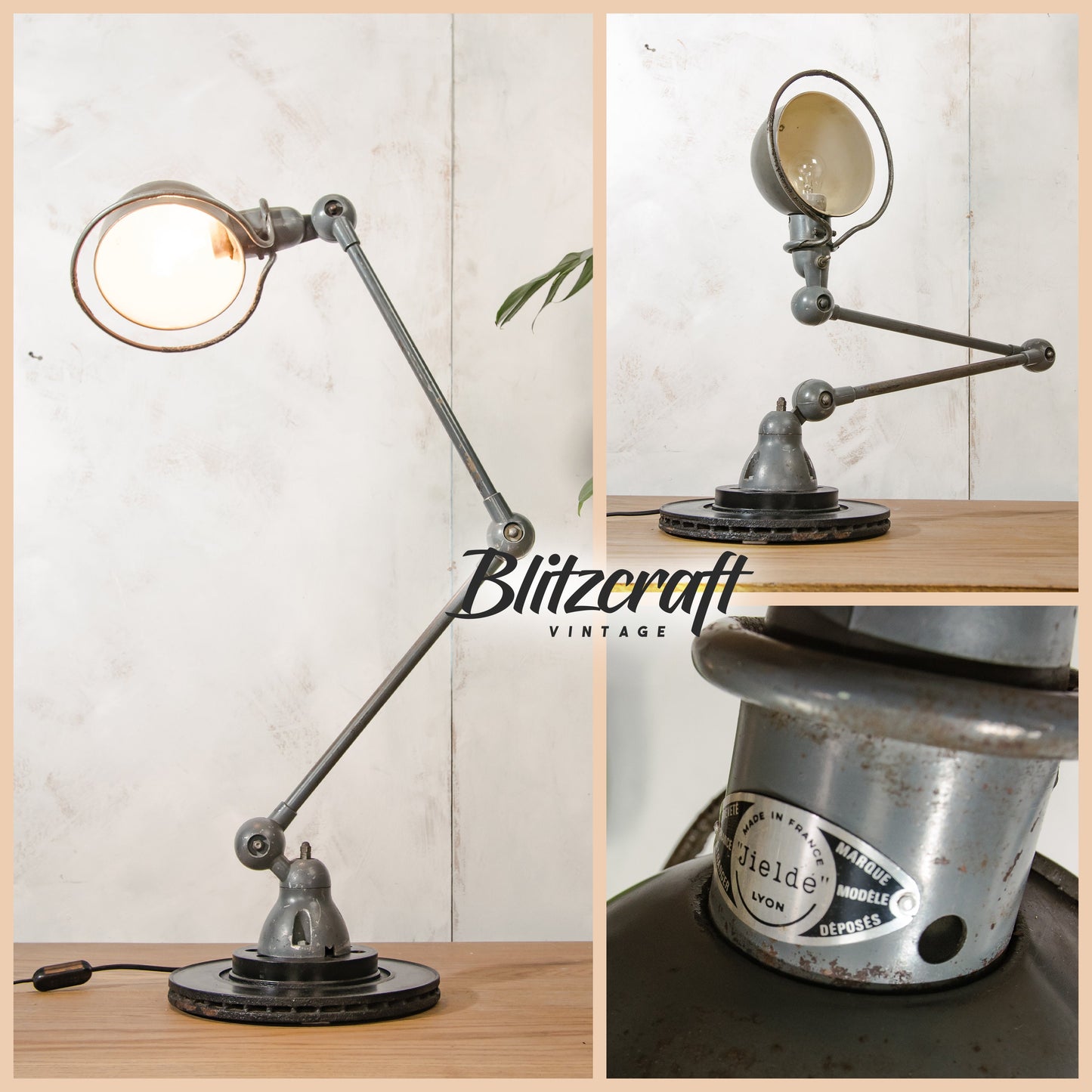 French Jieldé Work shop Lamp 2 Arm 1950s, Factory Style Articulating Jielde Table light, Gray Industrial office Desk lamp, Rustic decor