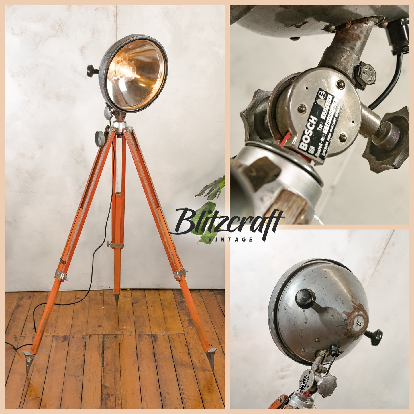 Spotlight Staande lamp Bosch Eisemann Brandweerwagen koplamp op Houten Landmeetkundige Statief, Man cave Decor, Rustieke Zoeklicht Staande lamp