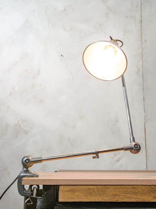1950s Industrial Lumina Breveté with Jéher Shade,Vintage 2 arm Articulated Workshop light made in France | Retro table clamp desk lamp