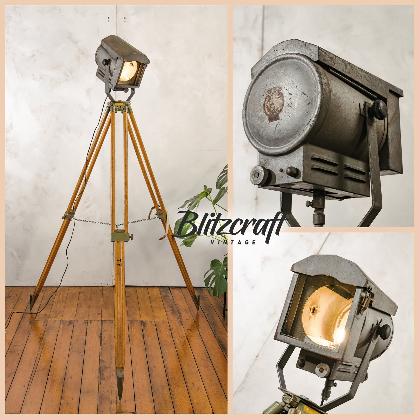 French Theatre Spotlight Floor lamp, Made by Falconet & Cie Paris, Stage light on a Wooden Surveying Tripod, Industrial interior lighting